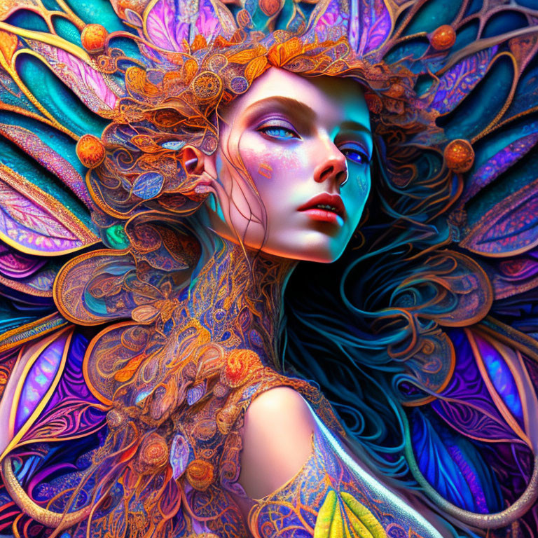 Colorful artwork of a woman with blue skin and intricate headdress in a fantasy theme