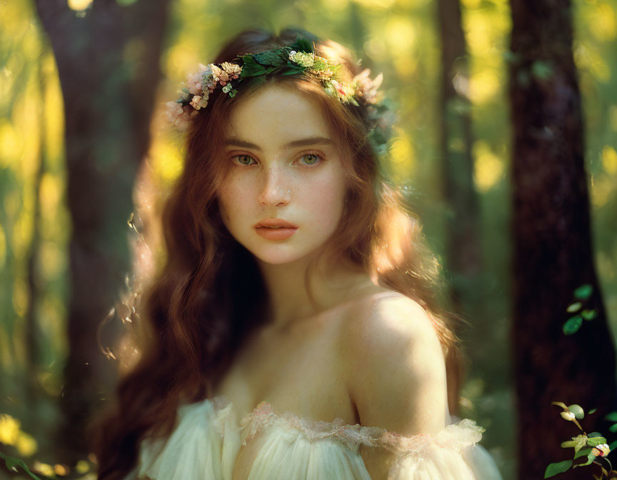 Young woman with floral wreath in ethereal forest setting