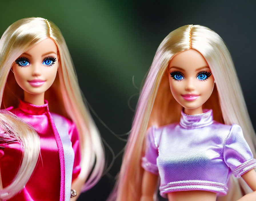 Blonde Barbie dolls in pink and purple outfits