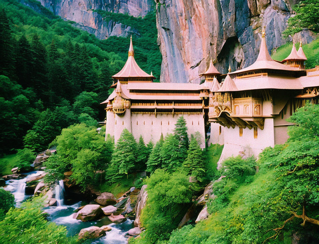 Traditional-style Castle on Cliffside Above Forested Riverbank