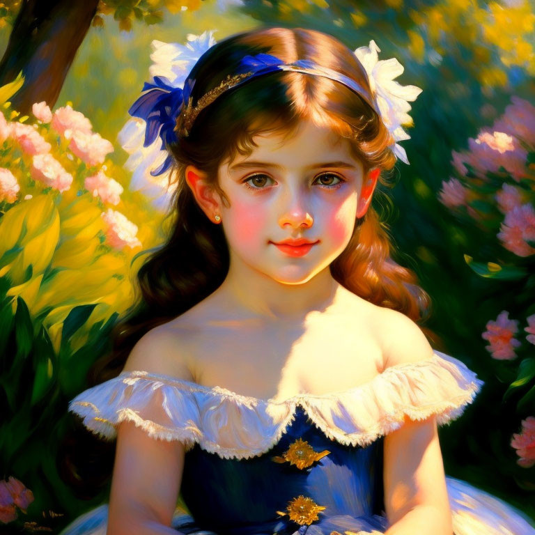 Portrait of a young girl in white dress with blue accents, amidst a floral backdrop