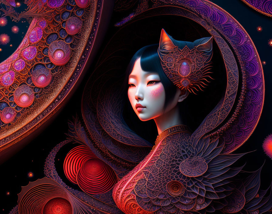 Woman with Cat-Like Features in Vibrant Colors and Intricate Patterns