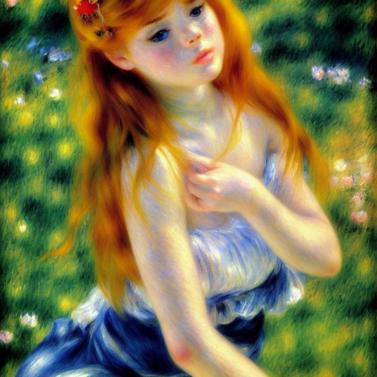 Young girl with red hair in blue dress sitting in flowery field