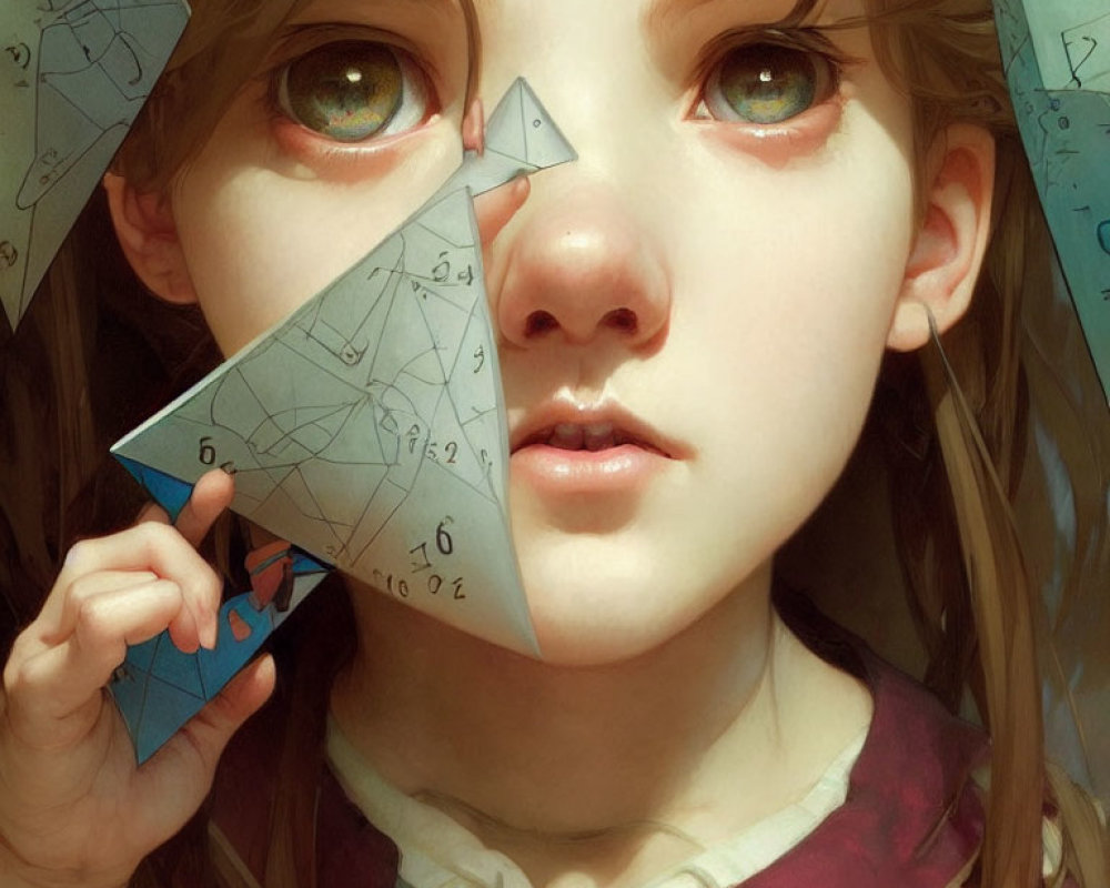 Close-up of girl with green eyes holding mathematical drawings on paper