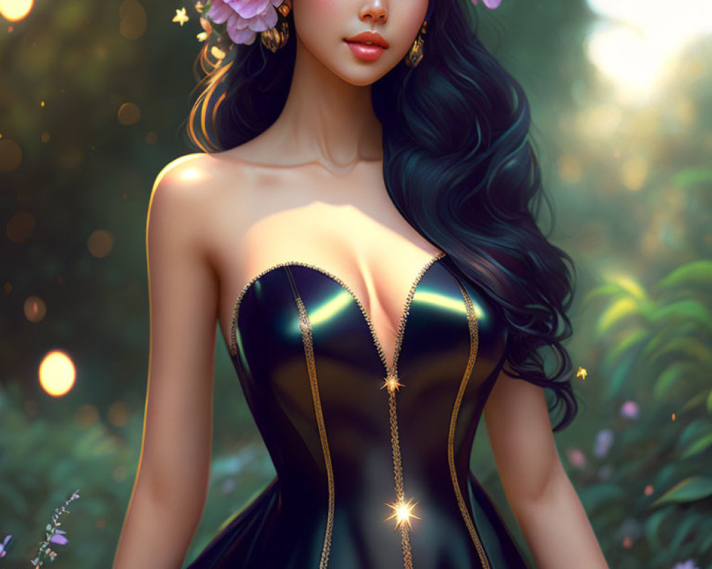 Illustrated Woman with Dark Hair and Floral Accents in Black Dress on Green Bokeh Background