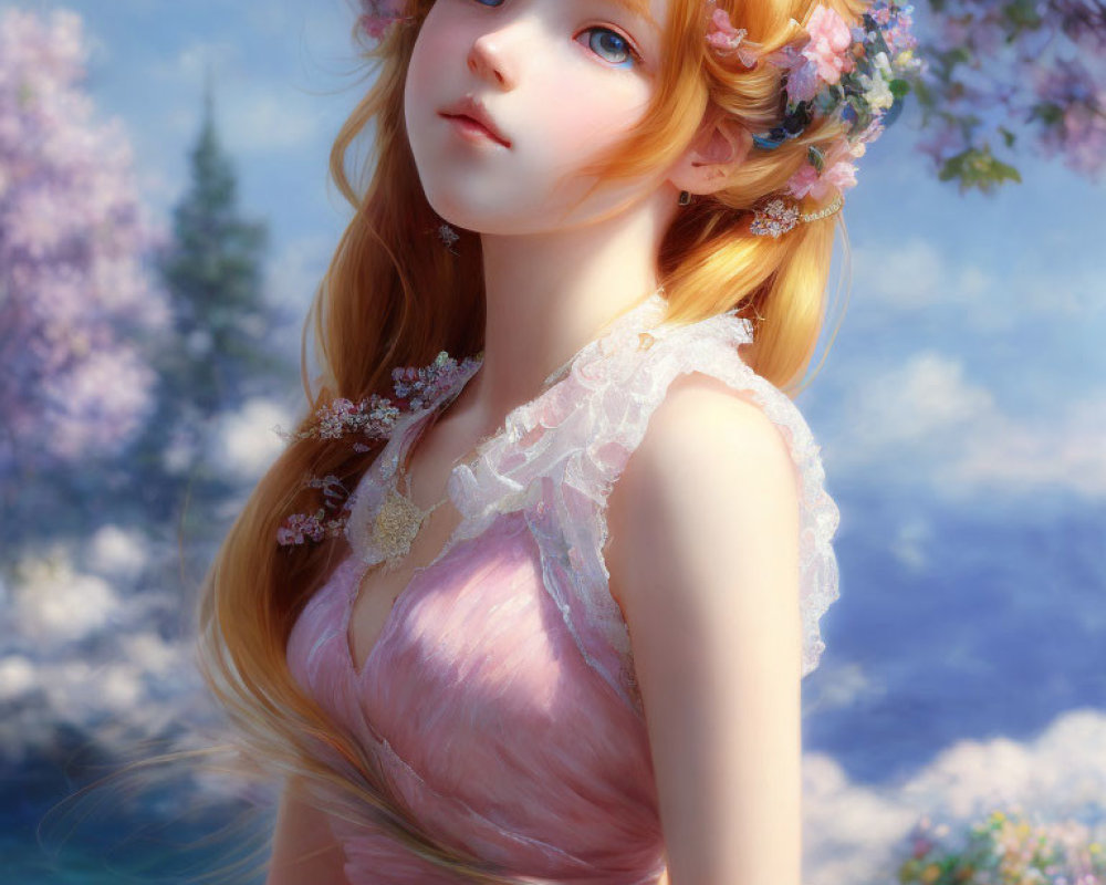 Fantasy girl digital art portrait with blue eyes and floral crown in cherry blossom backdrop