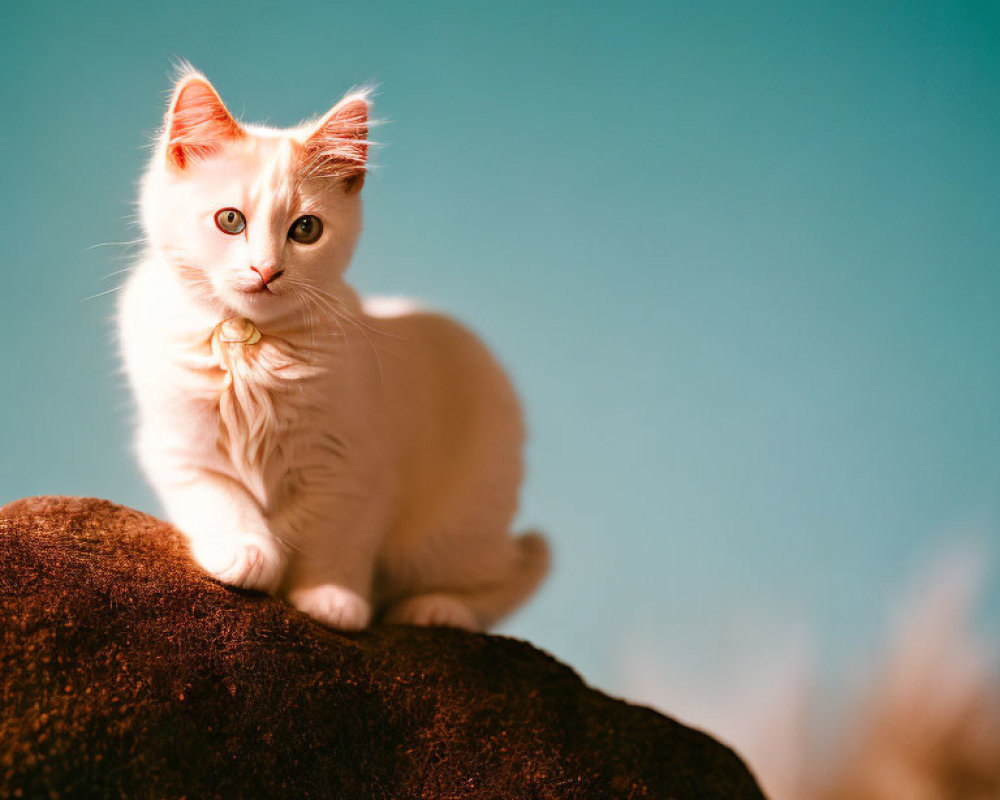 White Cat with Bright Eyes Sitting on Rock Against Blue Sky