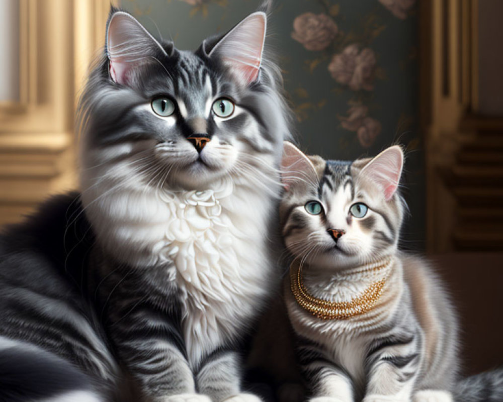 Fluffy cats with ornate necklaces on vintage wallpaper.