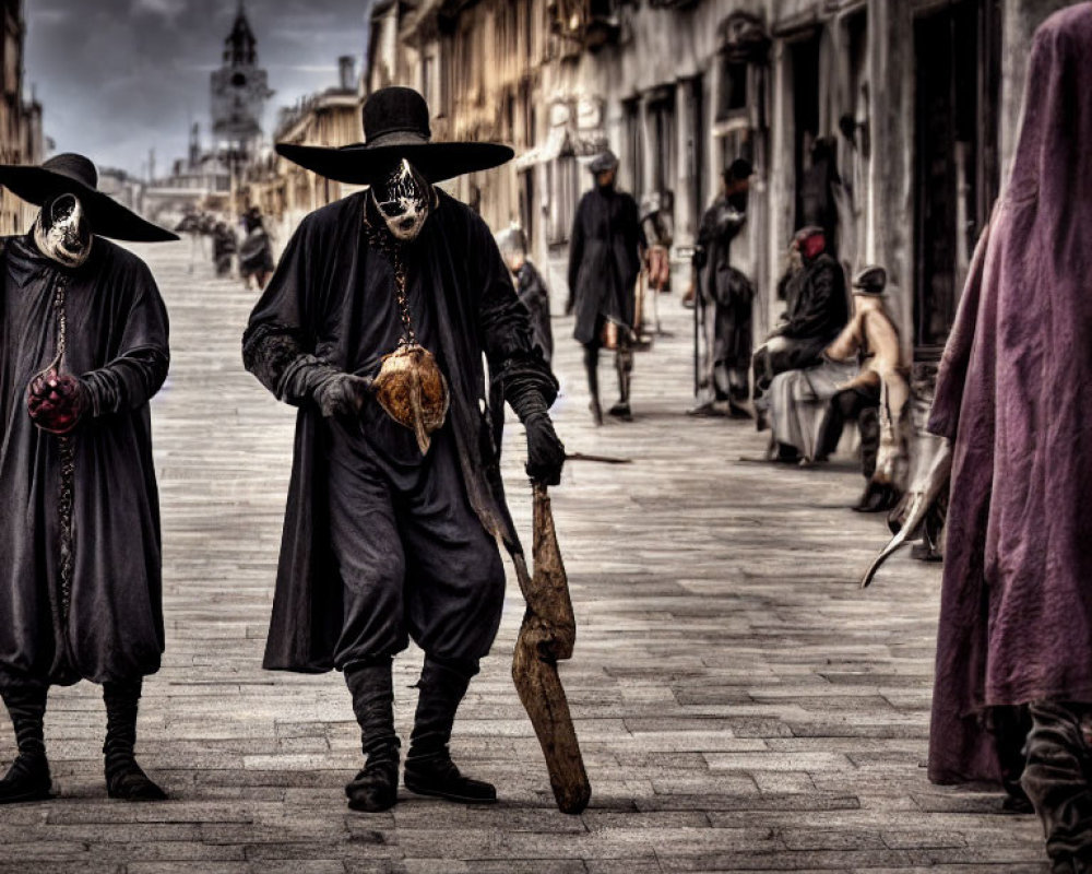 People in traditional plague doctor costumes on old cobblestone street