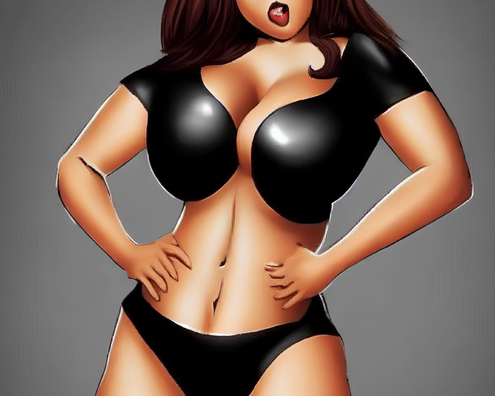 Exaggerated features of voluptuous woman on grey background