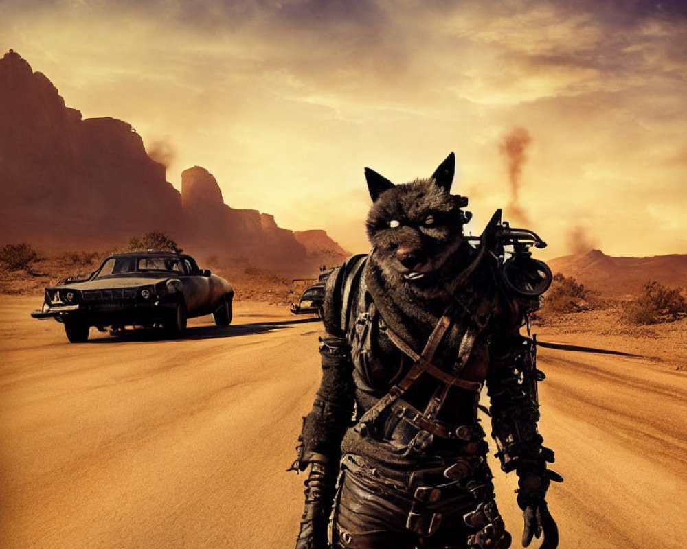 Post-apocalyptic scene with person in wolf-like costume and vintage car on desert road