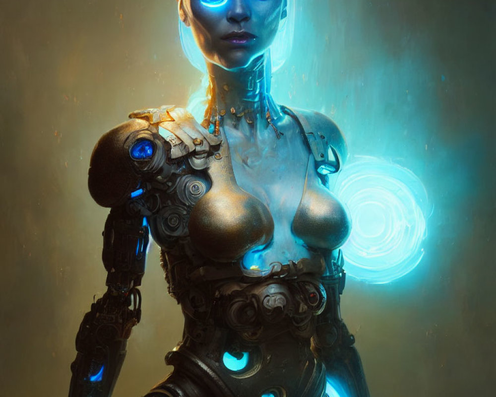 Futuristic Female Android with Blue Eyes and Mechanical Parts