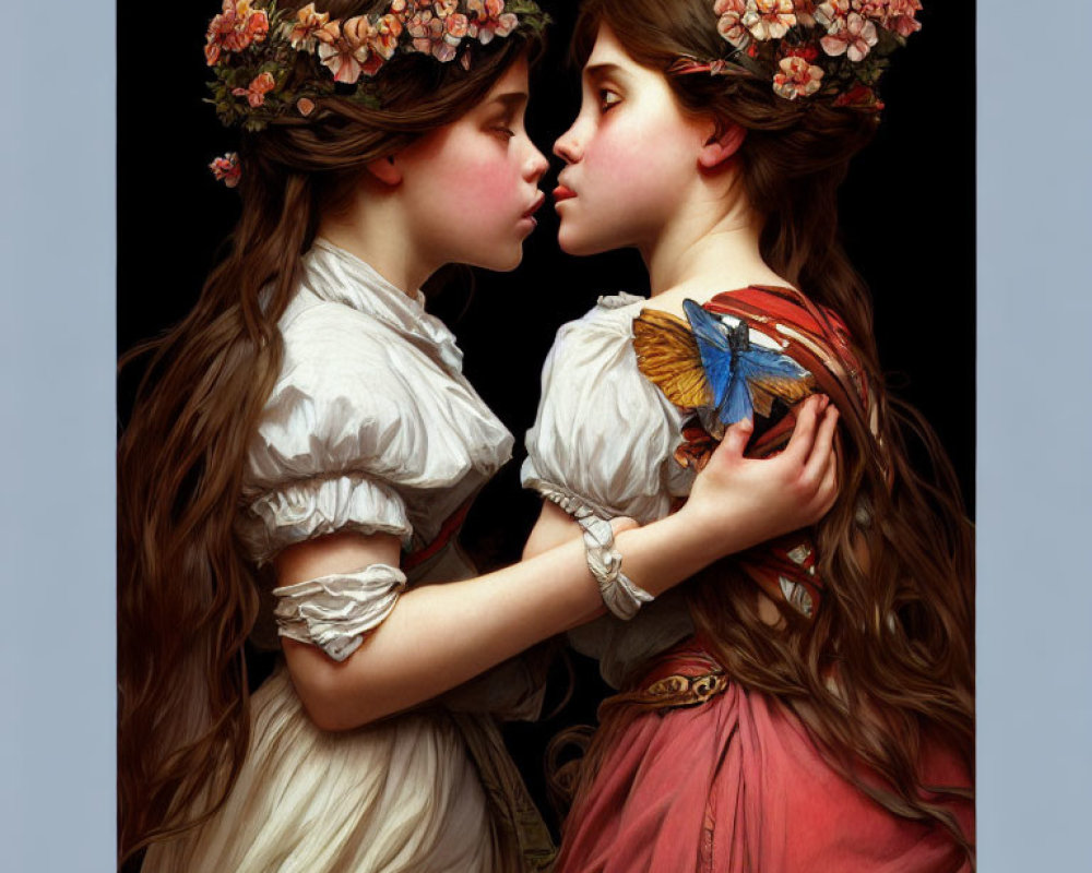 Two girls with floral crowns and flowing hair touch foreheads with a butterfly.