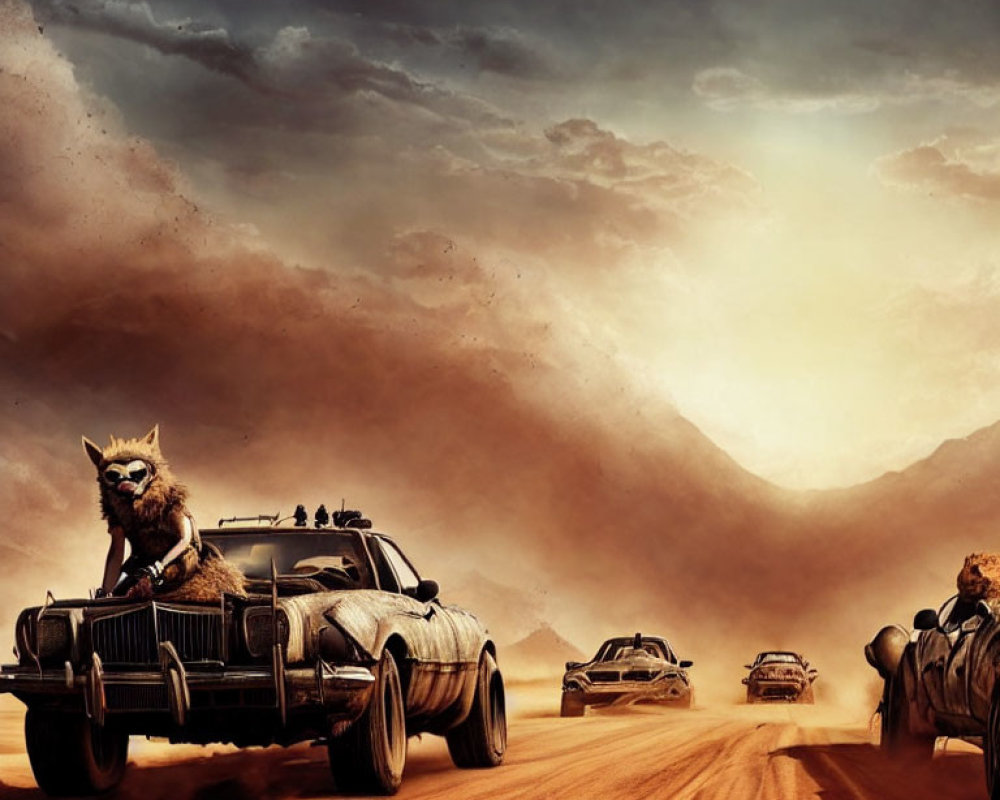 Vehicle chase through dusty desert with raccoon-like companion