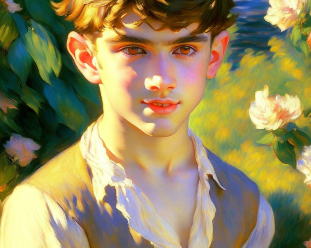 Portrait of young person with dark hair and big eyes in sunlit flower backdrop