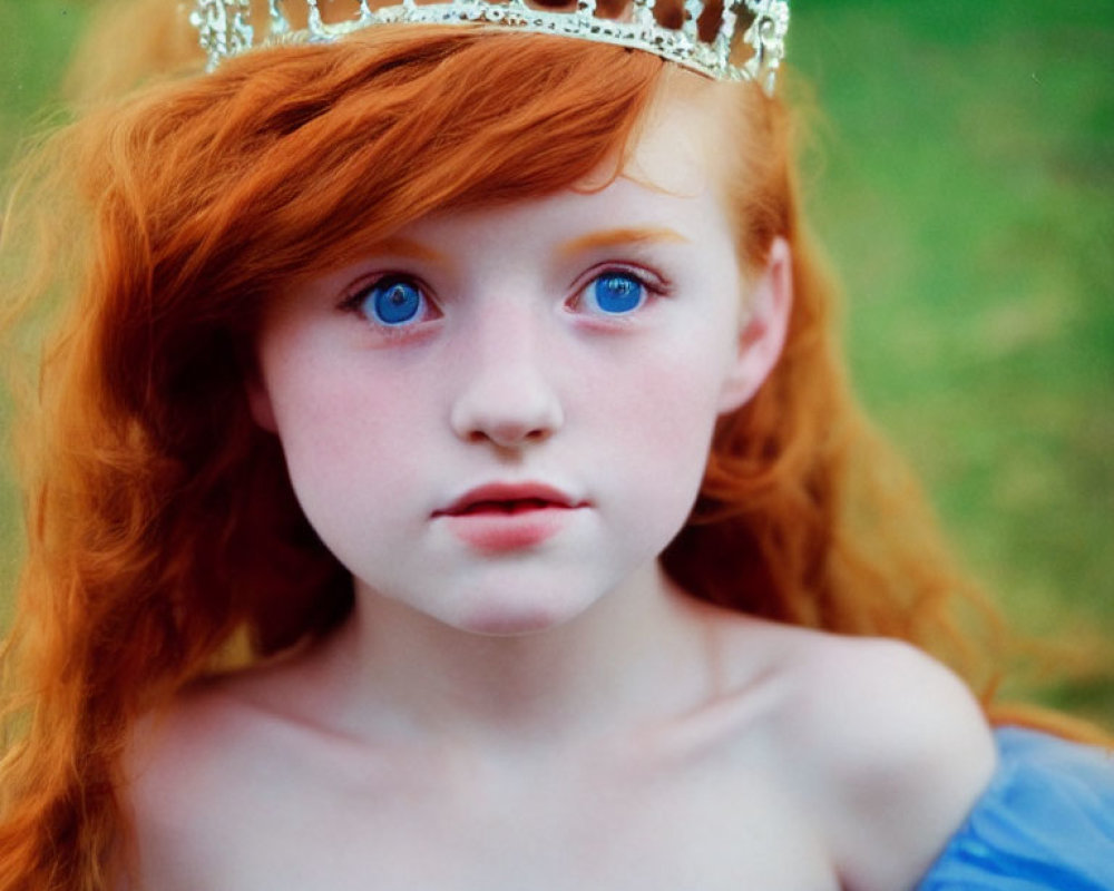 Red-haired girl in blue dress with tiara, exuding regal aura