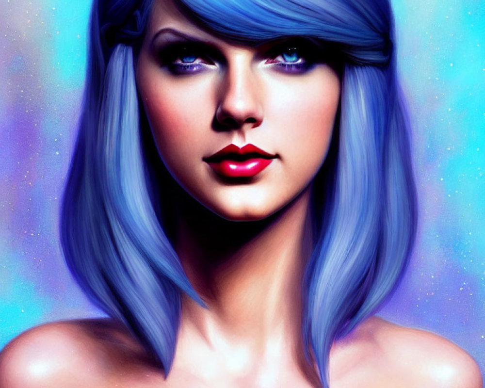 Colorful digital portrait of a woman with blue hair and red lips on starry purple and blue backdrop