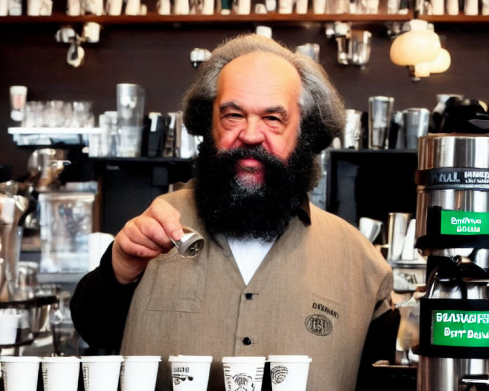 Bearded man pouring drinks in a coffee bar with mugs