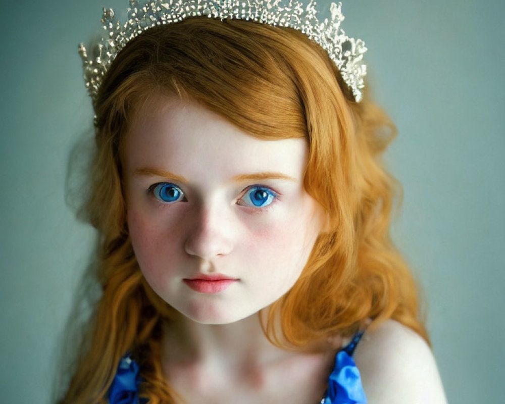 Young girl with blue eyes and red hair in crown and blue dress.