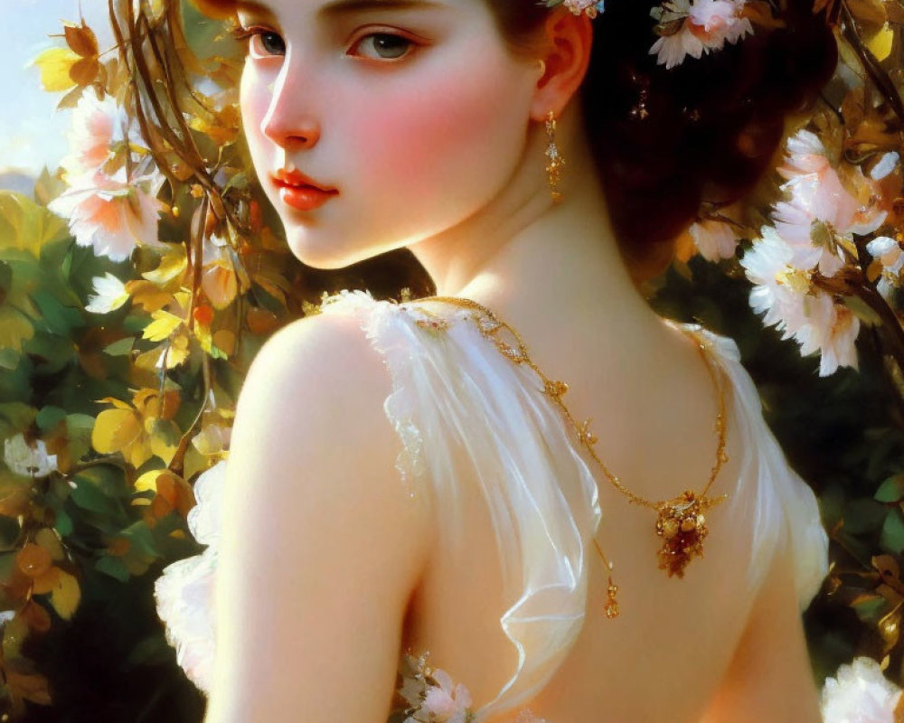 Portrait of woman with brown hair, rosy cheeks, red lips, white dress, flowers, gold