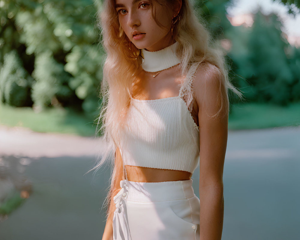 Young Woman in White Crop Top and Skirt Standing on Park Path with Sunlight Filtering Through Trees