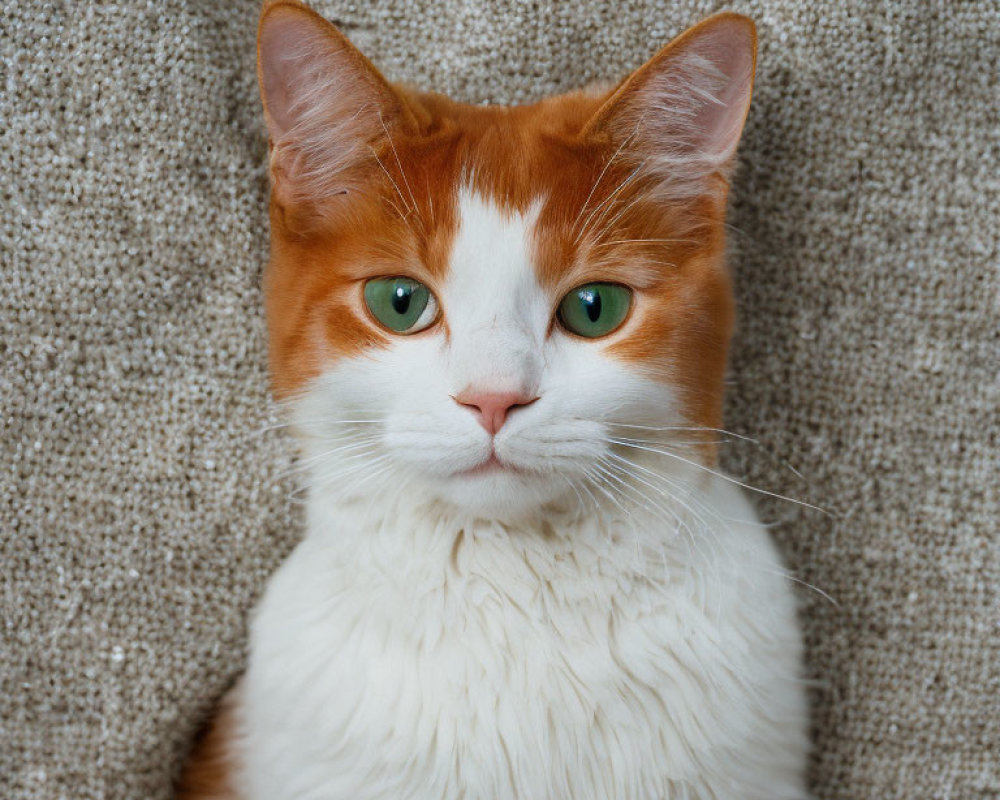 Orange and White Cat with Green Eyes on Beige Textured Background