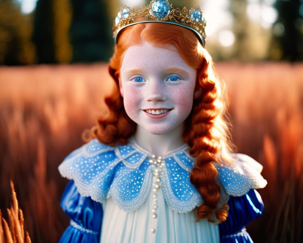 Red-haired girl with freckles and crown in blue dress in golden field.