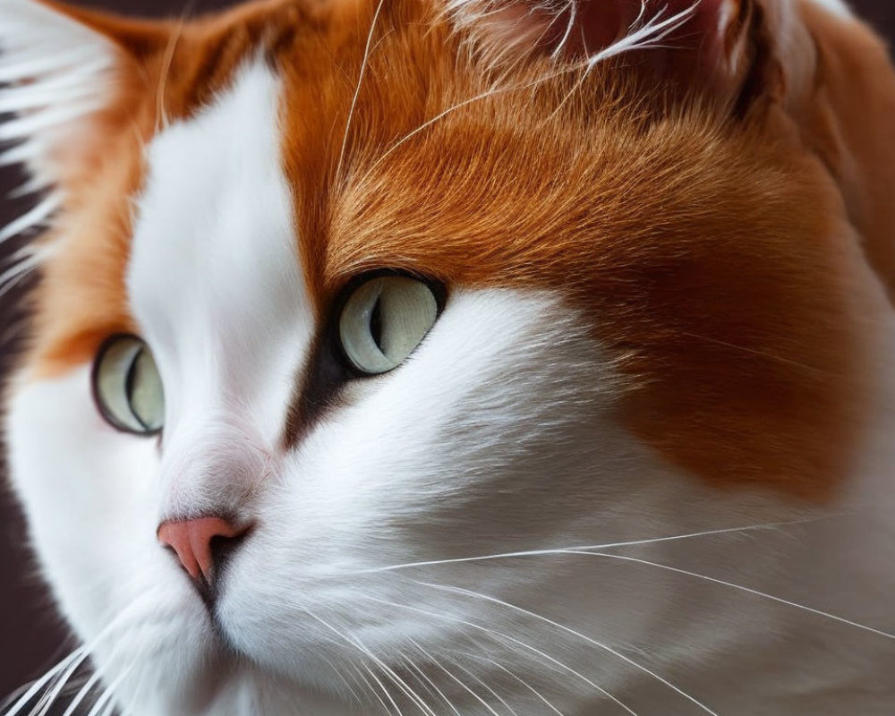 White and Ginger Cat with Green Eyes and Whiskers on Dark Background