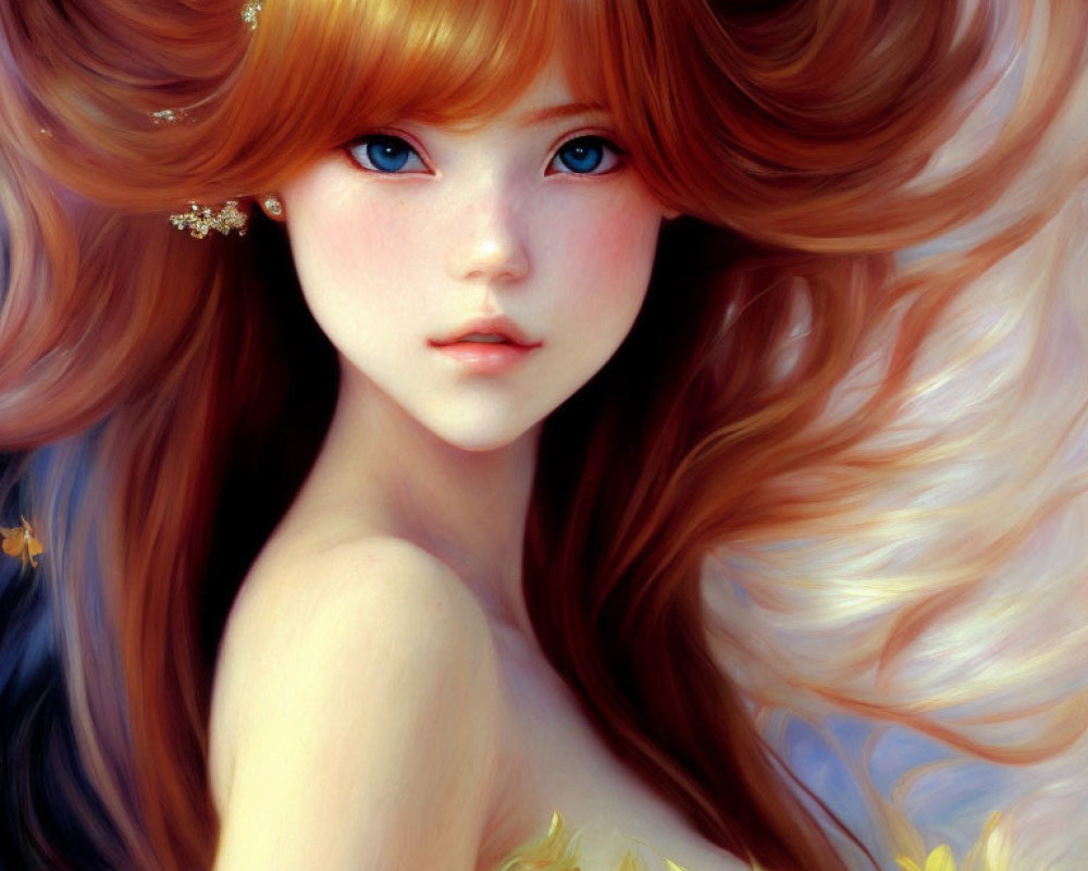 Digital illustration: Young woman with auburn hair, gold star accessories, and yellow flowers.