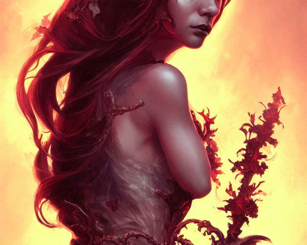 Digital Artwork: Woman with Red Hair, Armor, and Intricate Designs on Fiery Red Background