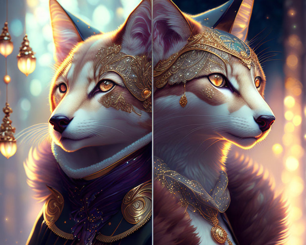 Majestic anthropomorphic fox in ornate attire against twilight sky