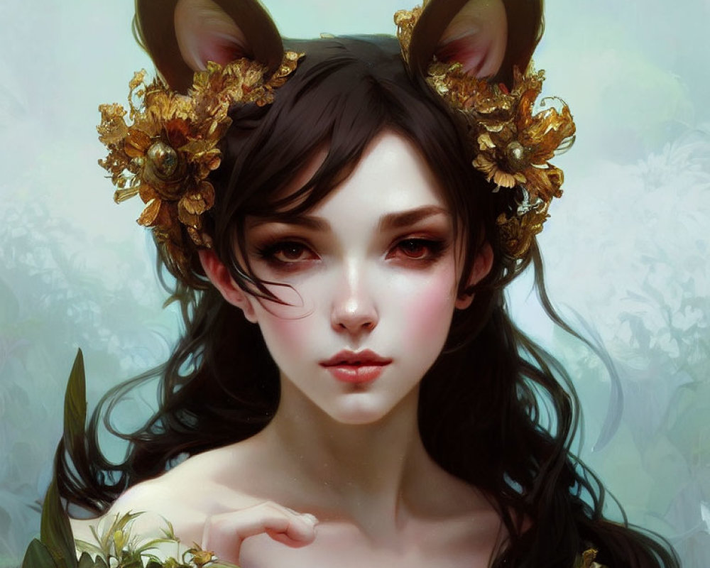 Woman with Cat Ears and Golden Flowers in Floral Setting