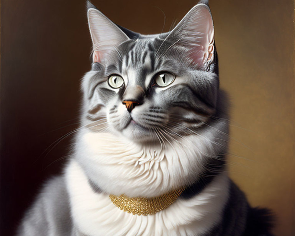 Silver Tabby Cat with Black Stripes and Golden Choker on Warm Background