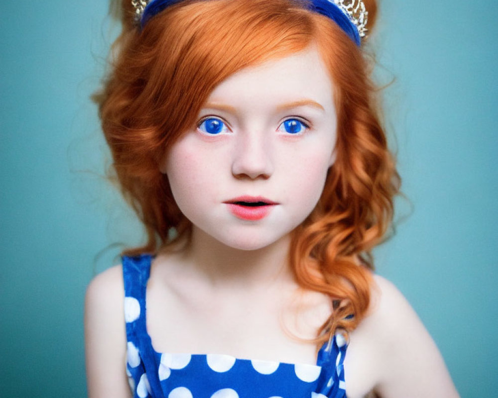 Red-haired girl in crown and blue dress on teal background