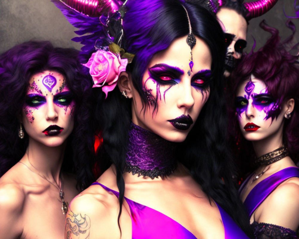 Four individuals with dramatic purple-themed makeup and horns in mystical fantasy theme.