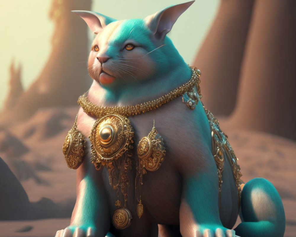 Blue animated cat adorned with golden jewelry in desert setting