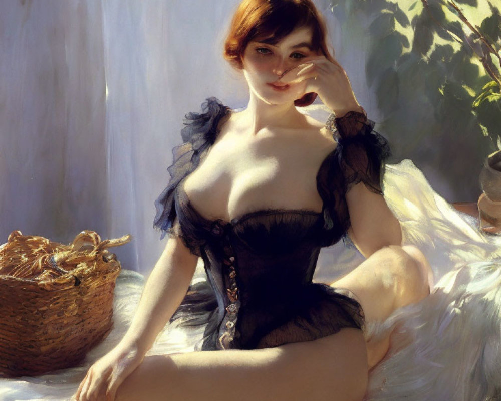 Portrait of Woman in Black Corset and Blue Ruffled Sleeves Sitting Near Basket and Foliage