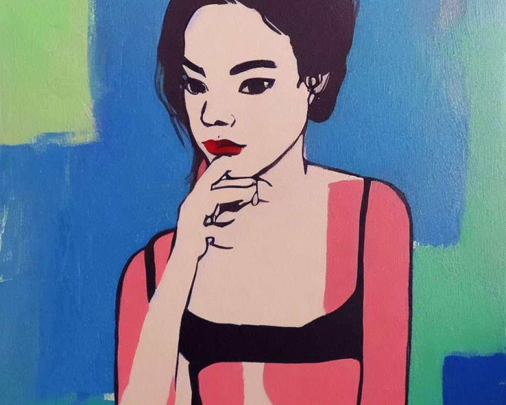 Stylized painting of pensive woman with hand on chin, bold colors, graphic lines, blue