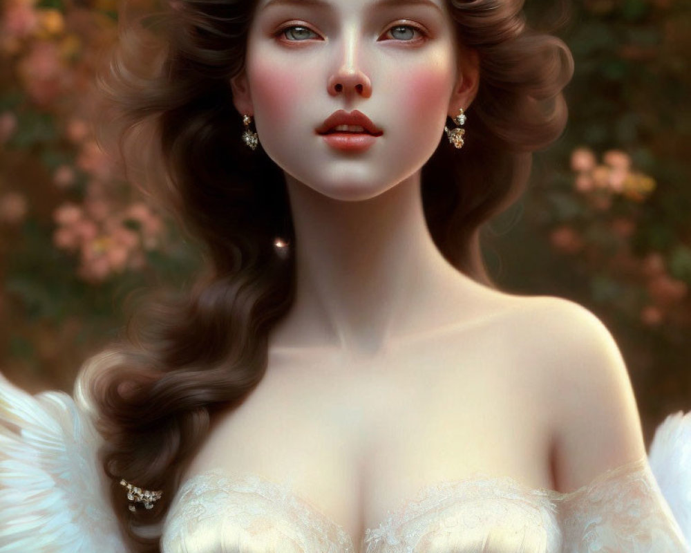 Digital painting of woman with angelic features and feathered wings