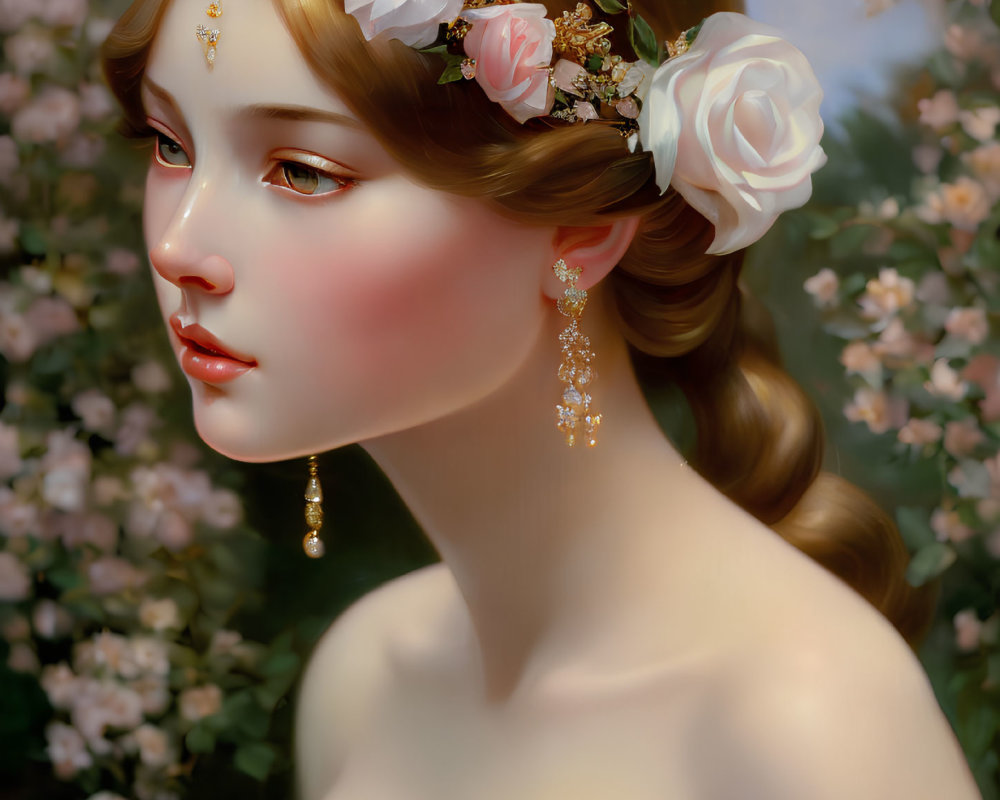 Detailed illustration of woman with floral headpiece and elegant earrings against blossoming backdrop