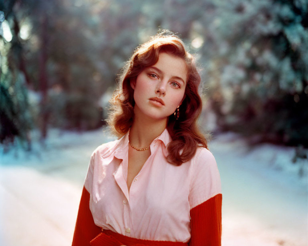 Woman with wavy hair in pink blouse and red sweater in snowy forest