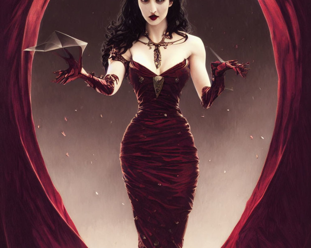 Gothic woman in red dress with bat-like collar and paper bat in swirling red cloaks