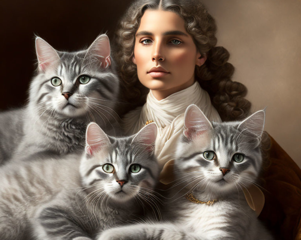 Classical portrait with person, curly hair, and three grey tabby cats