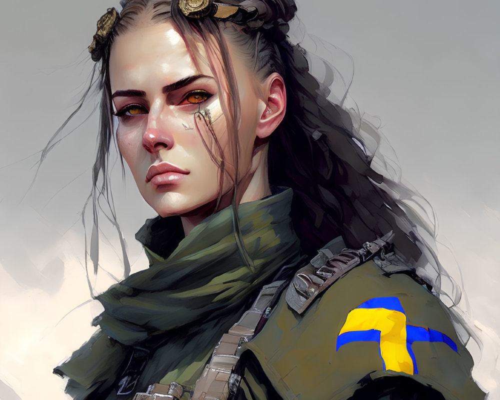 Digital painting of stern-faced woman in military gear with green scarf