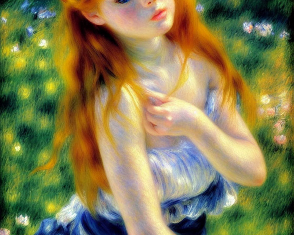 Young girl with red hair in blue dress sitting in flowery field