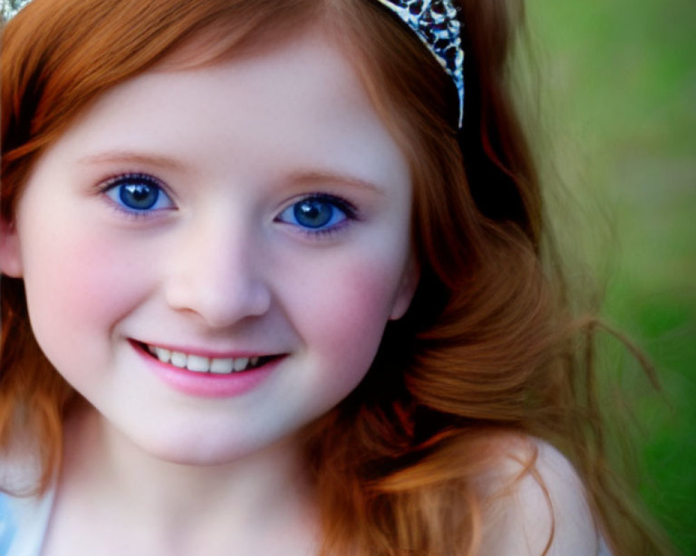 Smiling girl with blue eyes and red hair in a tiara