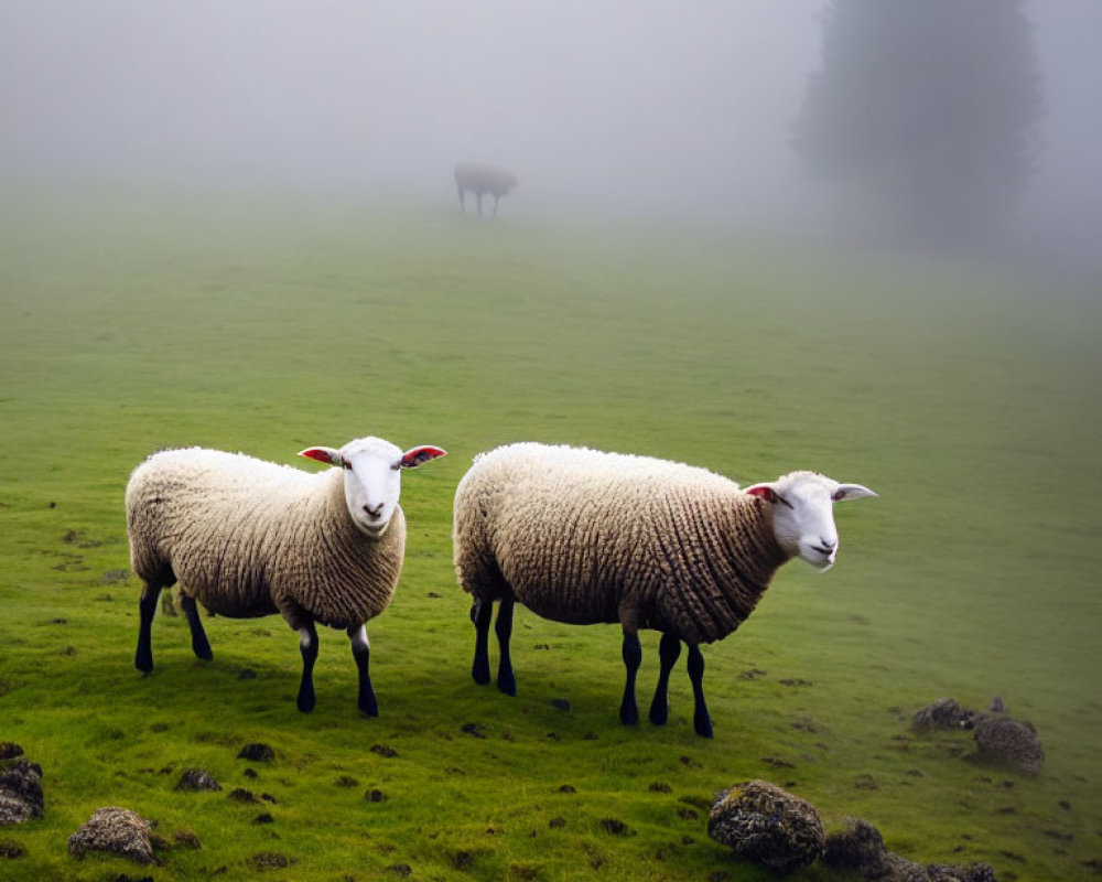 Foggy field scene with three sheep and a tree