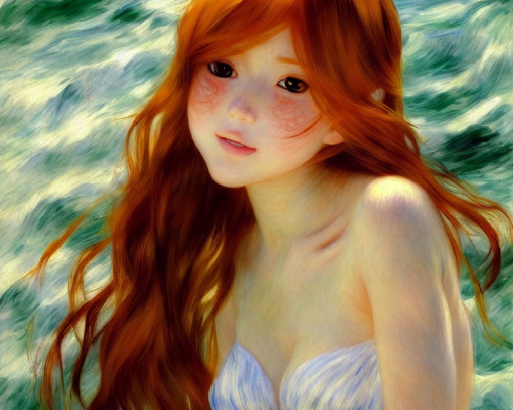 Red-haired girl with fair skin by wavy water backdrop.