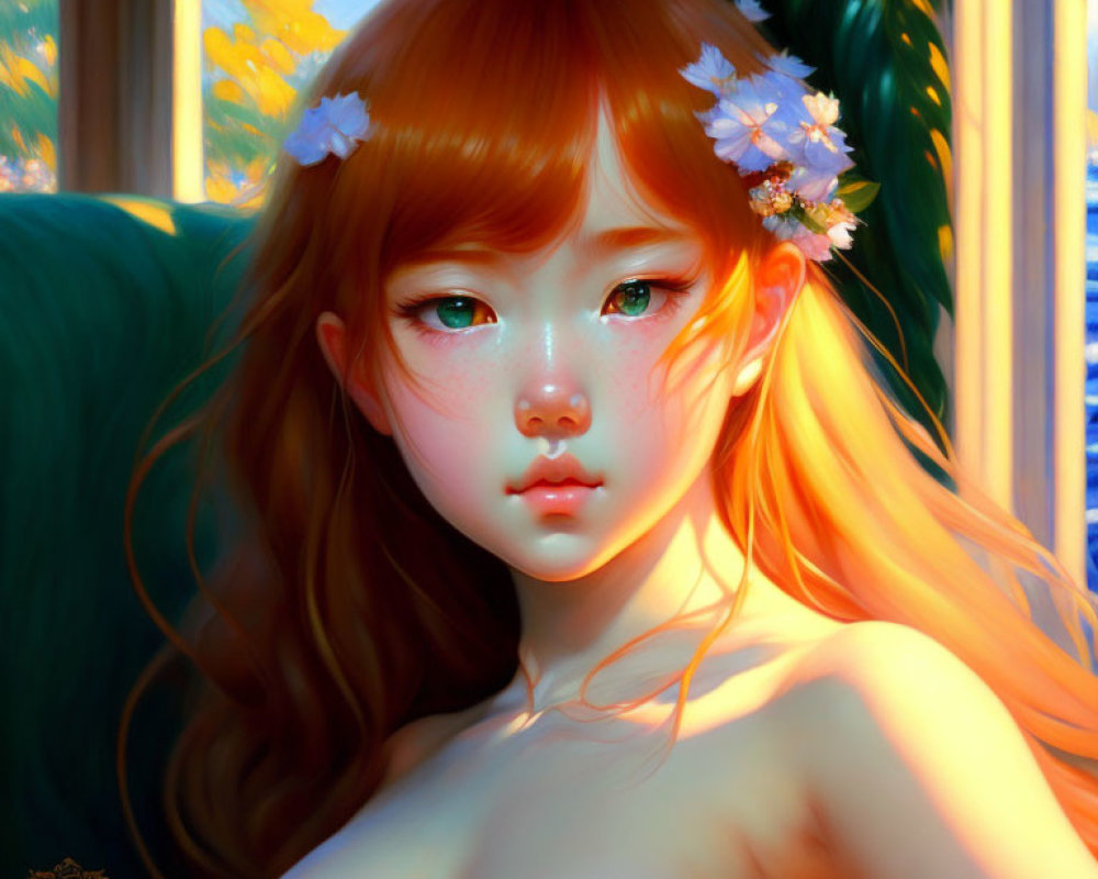 Young girl with auburn hair and white flowers in digital illustration