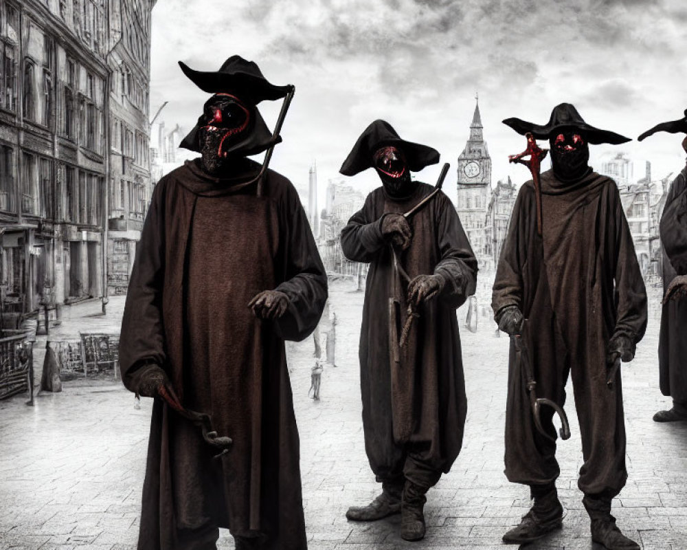 Plague Doctor Costumes on Foggy Street with Big Ben Background